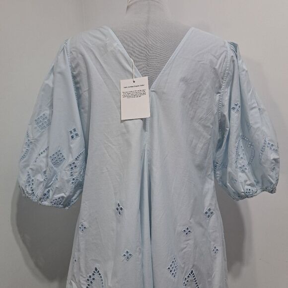 Ganni Broderie Anglaise Puff Sleeve Organic Cotton Mini Dress Illusion Blue S 42 - Picture 10 of 17